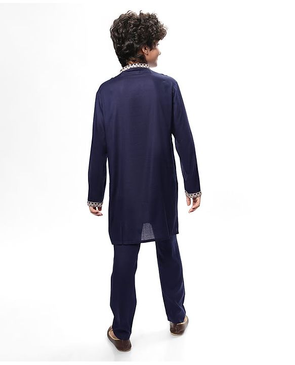 Pine Kids Woven Full Sleeves Kurta Pyjama Set With Lace Detailing - Navy Blue