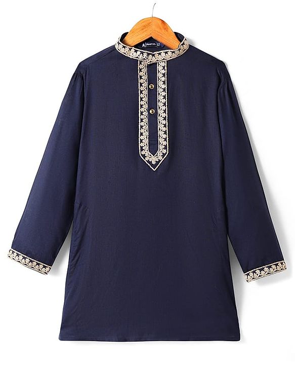 Pine Kids Woven Full Sleeves Kurta Pyjama Set With Lace Detailing - Navy Blue