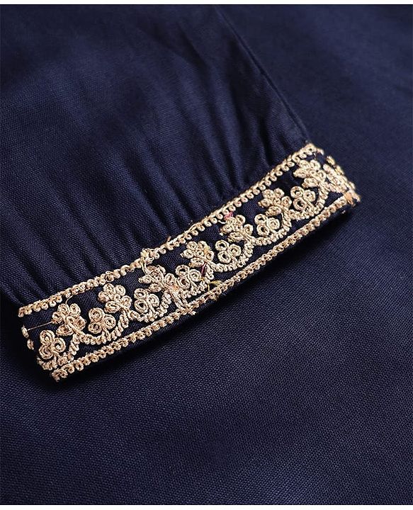 Pine Kids Woven Full Sleeves Kurta Pyjama Set With Lace Detailing - Navy Blue