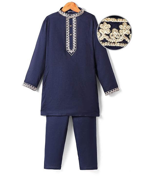Pine Kids Woven Full Sleeves Kurta Pyjama Set With Lace Detailing - Navy Blue