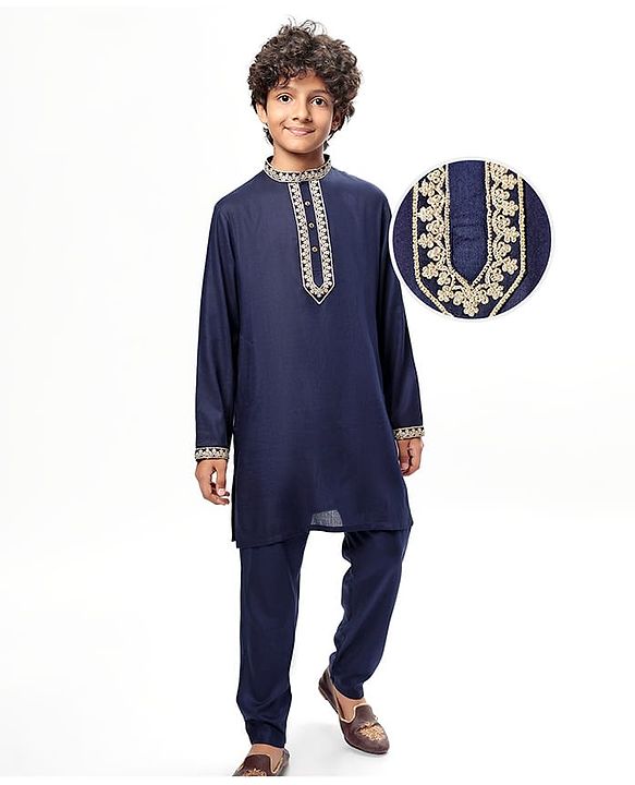 Pine Kids Woven Full Sleeves Kurta Pyjama Set With Lace Detailing - Navy Blue
