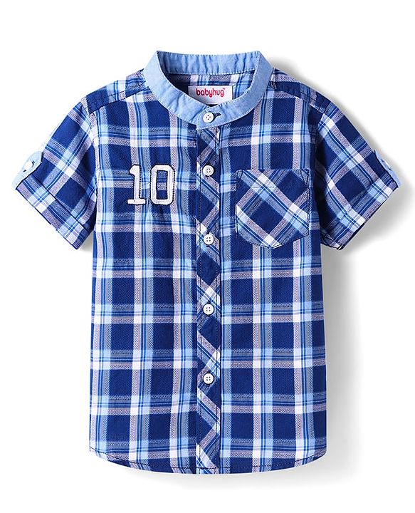Babyhug Cotton Woven Half Sleeves Shirt With Mandarin Collar & Check - Navy Blue
