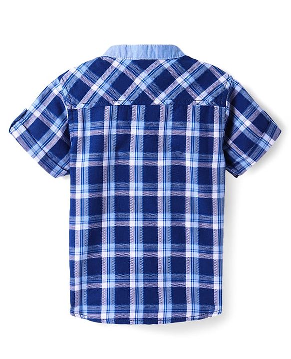 Babyhug Cotton Woven Half Sleeves Shirt With Mandarin Collar & Check - Navy Blue