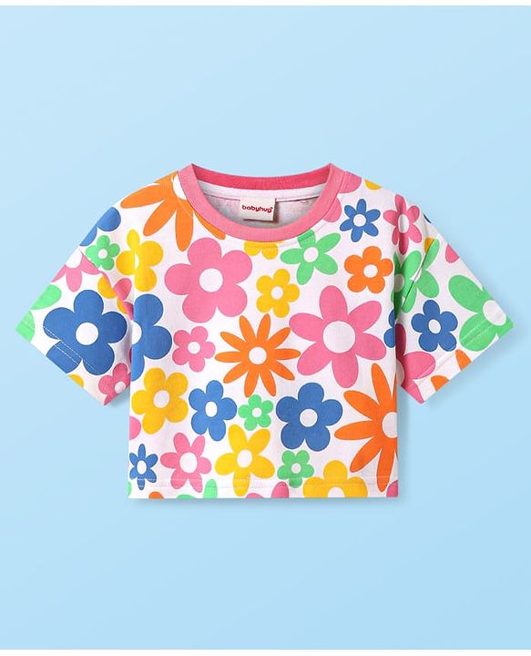 Babyhug 100% Cotton Terry Knit Crop T-Shirt with Drop Shoulder Half Sleeves in Floral Print - White