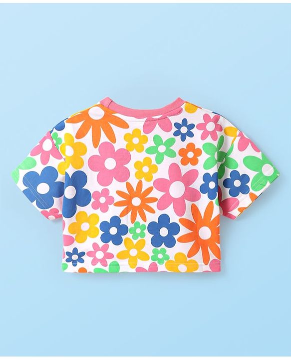 Babyhug 100% Cotton Terry Knit Crop T-Shirt with Drop Shoulder Half Sleeves in Floral Print - White