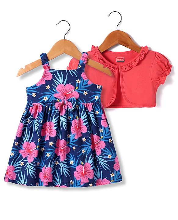 Babyhug Single Jersey Knit Frock & Half Sleeves Shrug With Floral Print - Navy Blue & Pink