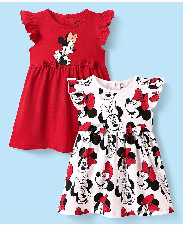 Babyhug Disney Cotton Knit Frill Sleeves Frocks with Minnie Mouse Graphics Pack of 2 - Red & White