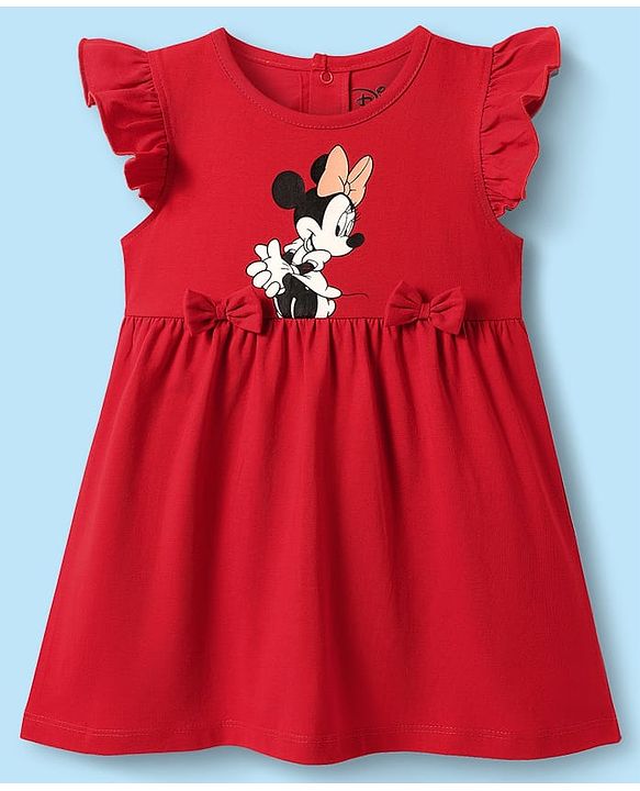 Babyhug Disney Cotton Knit Frill Sleeves Frocks with Minnie Mouse Graphics Pack of 2 - Red & White