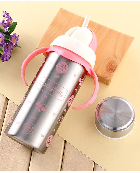 Babyhug 2-in-1 Stainless Steel Twin Handle Straw Sipper Blue - 180 ml| Dishwasher and Sterilizer Safe| Slow Flow Nipple| Straw Sipper with Flip Cap| Water Bottle| Leak Proof| Standard Neck Bottle