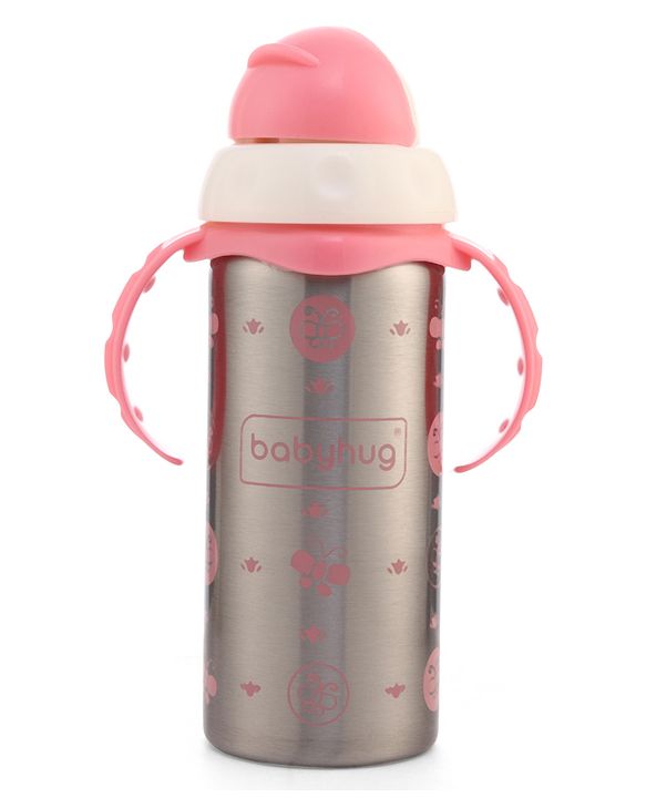 Babyhug 2-in-1 Stainless Steel Twin Handle Straw Sipper Blue - 180 ml| Dishwasher and Sterilizer Safe| Slow Flow Nipple| Straw Sipper with Flip Cap| Water Bottle| Leak Proof| Standard Neck Bottle