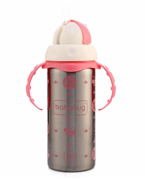 Babyhug 2-in-1 Stainless Steel Twin Handle Straw Sipper Blue - 180 ml| Dishwasher and Sterilizer Safe| Slow Flow Nipple| Straw Sipper with Flip Cap| Water Bottle| Leak Proof| Standard Neck Bottle