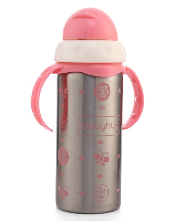 Babyhug 2-in-1 Stainless Steel Twin Handle Straw Sipper Blue - 180 ml| Dishwasher and Sterilizer Safe| Slow Flow Nipple| Straw Sipper with Flip Cap| Water Bottle| Leak Proof| Standard Neck Bottle