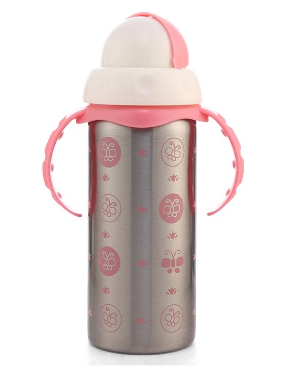 Babyhug 2-in-1 Stainless Steel Twin Handle Straw Sipper Blue - 180 ml| Dishwasher and Sterilizer Safe| Slow Flow Nipple| Straw Sipper with Flip Cap| Water Bottle| Leak Proof| Standard Neck Bottle