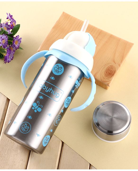 Babyhug 2-in-1 Stainless Steel Twin Handle Straw Sipper Pink - 180 ml| Dishwasher and Sterilizer Safe| Slow Flow Nipple| Straw Sipper with Flip Cap| Water Bottle| Leak Proof| Standard Neck Bottle