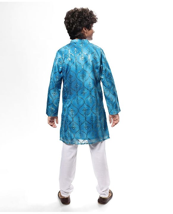 Pine Kids Woven Full Sleeves Kurta Pyjama Set With Sequin Detailing - Blue