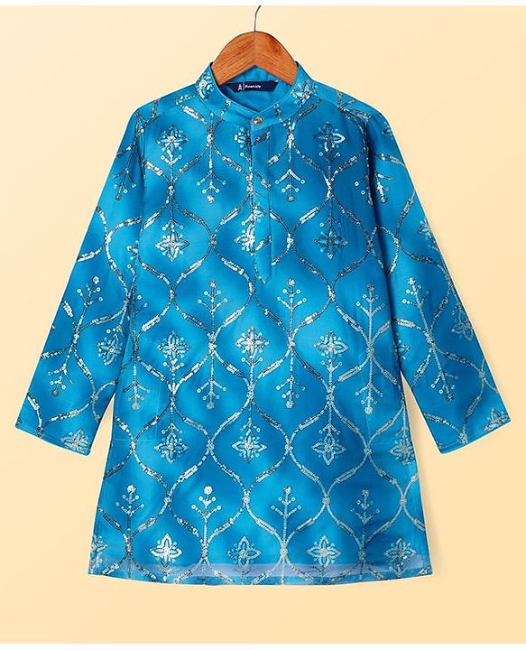 Pine Kids Woven Full Sleeves Kurta Pyjama Set With Sequin Detailing - Blue