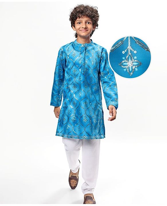 Pine Kids Woven Full Sleeves Kurta Pyjama Set With Sequin Detailing - Blue