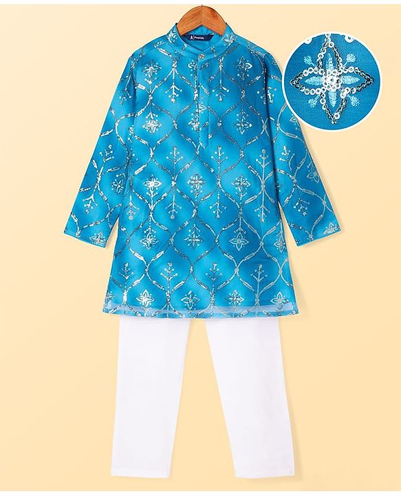 Pine Kids Woven Full Sleeves Kurta Pyjama Set With Sequin Detailing - Blue