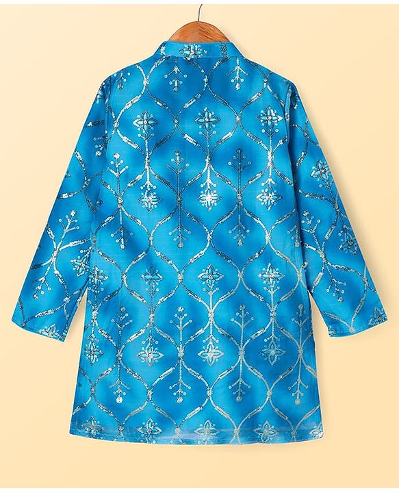 Pine Kids Woven Full Sleeves Kurta Pyjama Set With Sequin Detailing - Blue