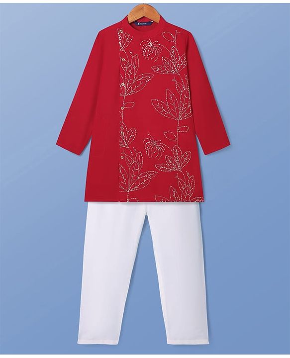 Pine Kids Woven Full Sleeves Floral & Sequinned Detailing Kurta & Pyjama Set - Red