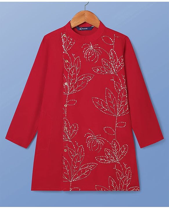 Pine Kids Woven Full Sleeves Floral & Sequinned Detailing Kurta & Pyjama Set - Red
