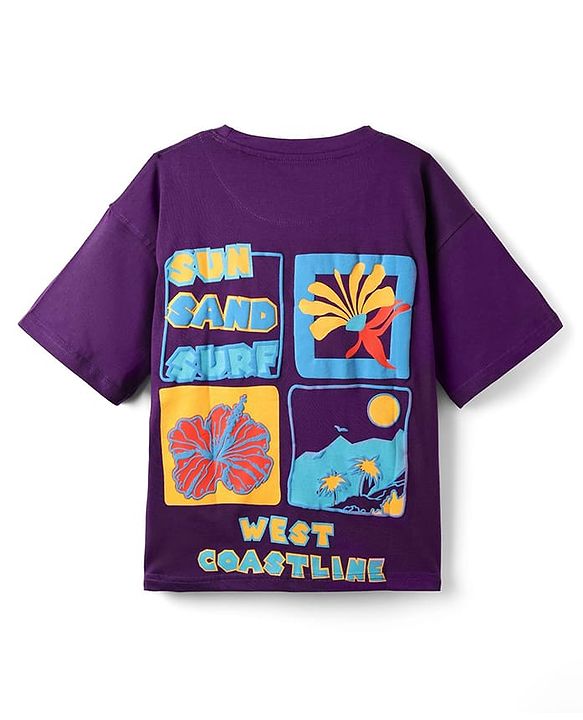 Pine Kids Cotton Knit Half Drop Shoulder Sleeves T-Shirt with Beach Theme Print - Purple
