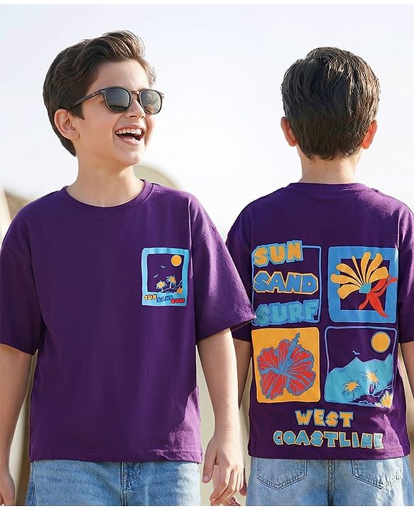 Pine Kids Cotton Knit Half Drop Shoulder Sleeves T-Shirt with Beach Theme Print - Purple