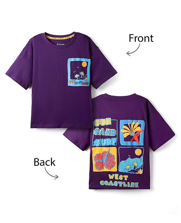 Pine Kids Cotton Knit Half Drop Shoulder Sleeves T-Shirt with Beach Theme Print - Purple
