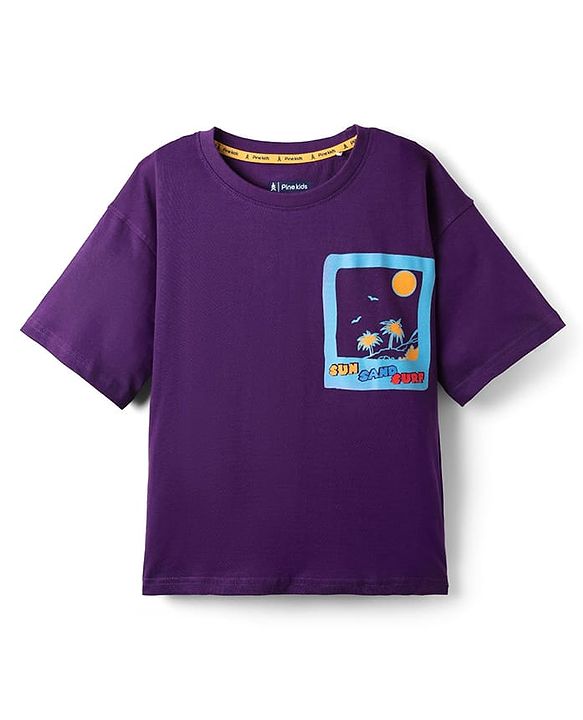 Pine Kids Cotton Knit Half Drop Shoulder Sleeves T-Shirt with Beach Theme Print - Purple