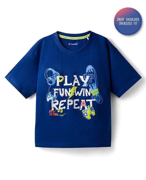 Pine Kids Cotton Knit Half Sleeves T-Shirt with Text Print - Navy Blue