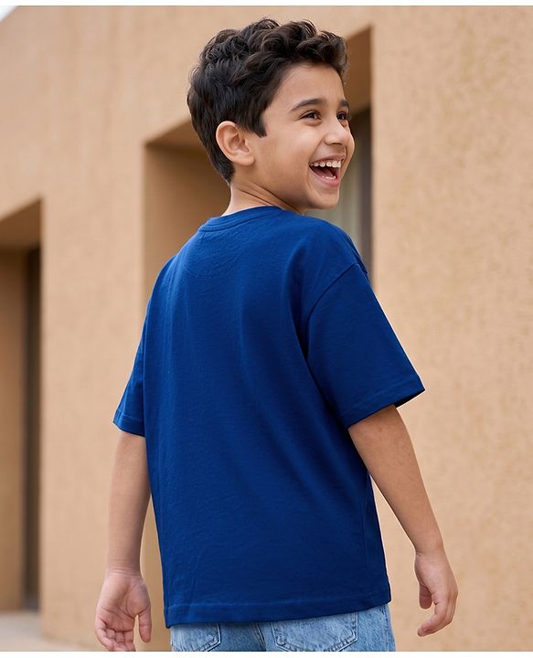 Pine Kids Cotton Knit Half Sleeves T-Shirt with Text Print - Navy Blue