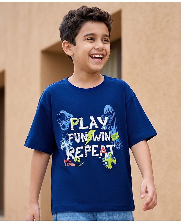 Pine Kids Cotton Knit Half Sleeves T-Shirt with Text Print - Navy Blue