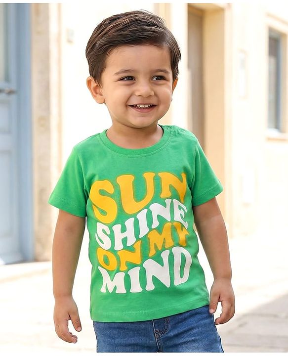 Babyhug Cotton Knit Half Sleeves T-Shirt With Sun Shine on my Mind Text Print - Green
