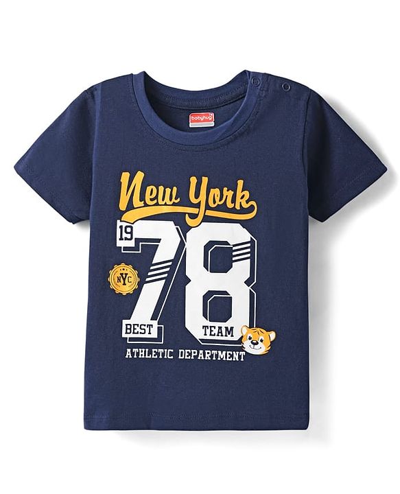 Babyhug Cotton  Knit Half Sleeves T-Shirt With Newyork Text Print - Navy Blue