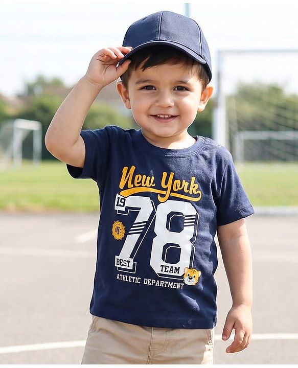 Babyhug Cotton  Knit Half Sleeves T-Shirt With Newyork Text Print - Navy Blue