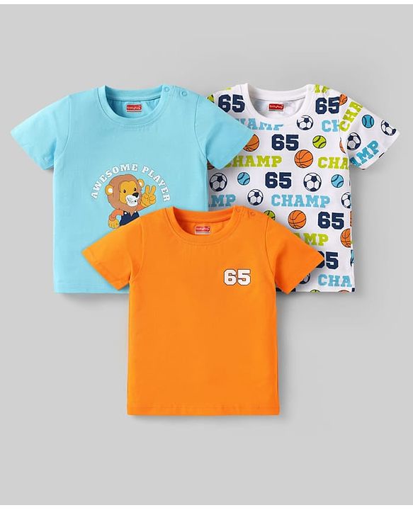 Babyhug Cotton Knit Half Sleeves T-Shirts with Sports Theme Print Pack of 3 - Orange White & Aqua Blue