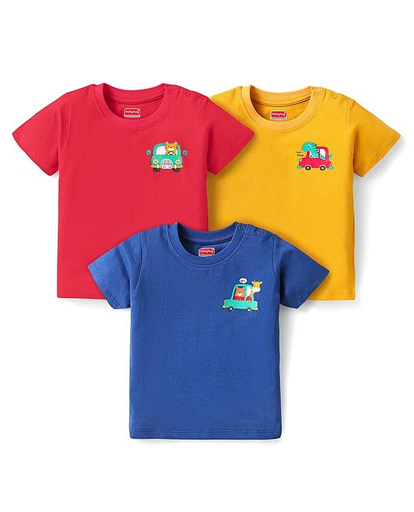 Babyhug Cotton Knit Half Sleeves T-Shirts With Animal & Vehicle Print Pack Of 3 - Red & Blue