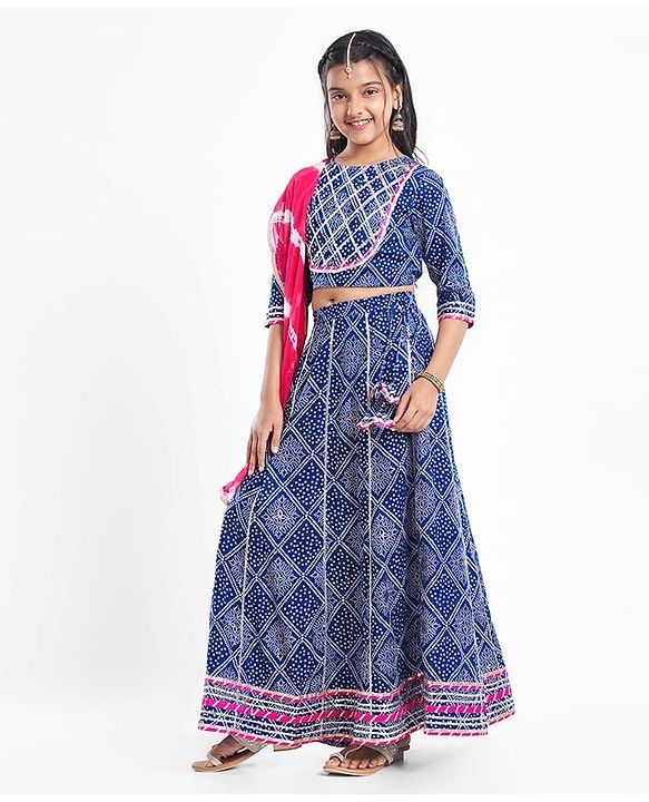 Pine Kids Rayon Woven Full Sleeves Choli Lehenga Set & Dupatta With Bandhani Print & Lace Detailing - Blue