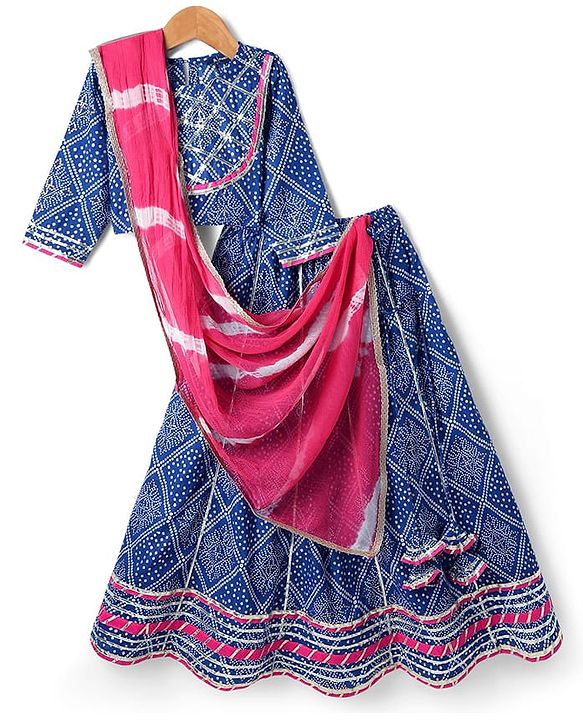 Pine Kids Rayon Woven Full Sleeves Choli Lehenga Set & Dupatta With Bandhani Print & Lace Detailing - Blue