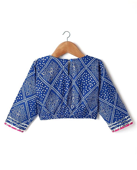 Pine Kids Rayon Woven Full Sleeves Choli Lehenga Set & Dupatta With Bandhani Print & Lace Detailing - Blue