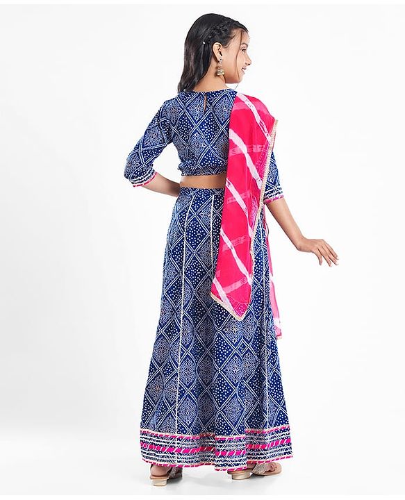 Pine Kids Rayon Woven Full Sleeves Choli Lehenga Set & Dupatta With Bandhani Print & Lace Detailing - Blue