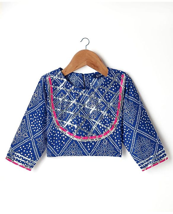 Pine Kids Rayon Woven Full Sleeves Choli Lehenga Set & Dupatta With Bandhani Print & Lace Detailing - Blue