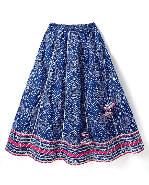 Pine Kids Rayon Woven Full Sleeves Choli Lehenga Set & Dupatta With Bandhani Print & Lace Detailing - Blue