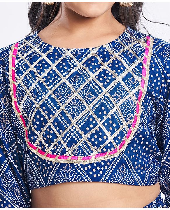 Pine Kids Rayon Woven Full Sleeves Choli Lehenga Set & Dupatta With Bandhani Print & Lace Detailing - Blue