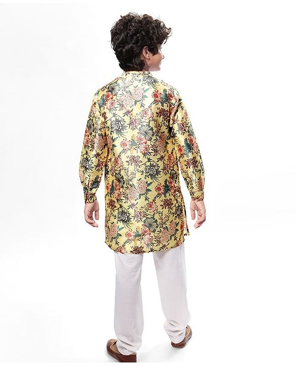 Pine Kids Woven Full Sleeves Kurta & Pajama Set with Floral Print -Mustard