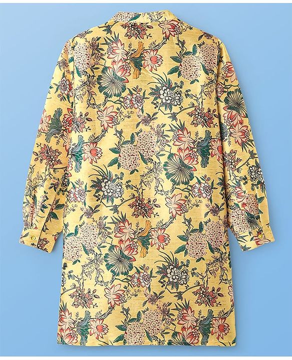 Pine Kids Woven Full Sleeves Kurta & Pajama Set with Floral Print -Mustard