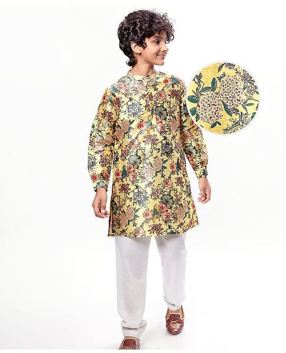 Pine Kids Woven Full Sleeves Kurta & Pajama Set with Floral Print -Mustard