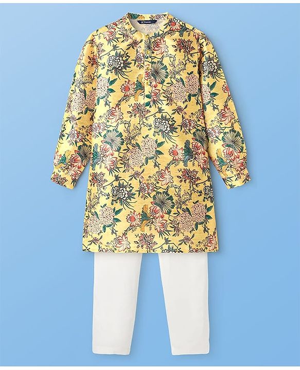 Pine Kids Woven Full Sleeves Kurta & Pajama Set with Floral Print -Mustard