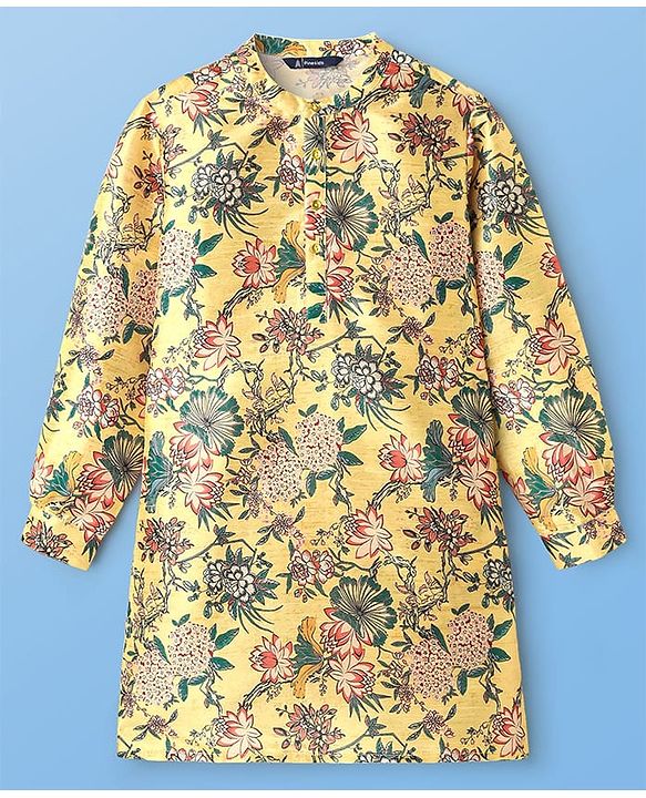 Pine Kids Woven Full Sleeves Kurta & Pajama Set with Floral Print -Mustard