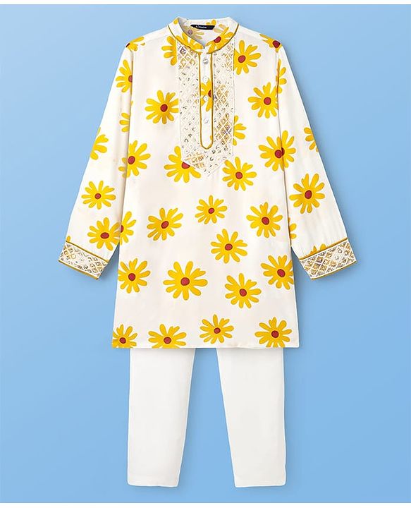 Pine Kids Woven Full Sleeves Kurta & Pajama Set with Lace Detailing & Floral Print - White
